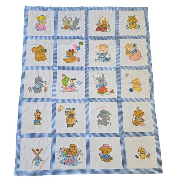 Vintage 70s Baby Quilt Kitschy Handpainted Animals Patchwork Blue 41 X 51‎ Blue - Picture 1 of 11